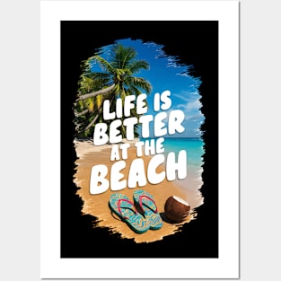 Life Is Better At the Beach Flip Flops Tropical Beach Life Poinsettias Palm Trees Summertime Summer Vacation Posters and Art